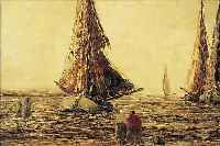 GRüN, W., DEUTSCHER MALER, DüSSELDORFER SCHULE, FISCHERBOOTE AM STRAND, ÖL/LWD, RE. U. SIGN., CA. 55 X 75 CM, R., REINIGUNGS- BEDüRFTIG
