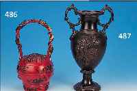 DOPPELHENKELVASE, THüRINGEN, UM 1890, FEIN- STEINGUT, BRONZEFARBEN GLASIERT, AUFGELEGTER ALLEGORISCHER DEKOR, H. CA. 41 CM