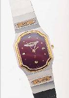 ASTON MARTIN DAMENARMBANDUHR LAGONDA, REF.- NR. 0857, SCHWEIZ UM 1990, EDELST. SAT., SA- PHIRFLACHGL., LüNETTE, KRONE SOWIE SCHILDER IN GG, ...