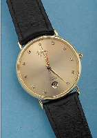 PITANKA HERRENARMBANDUHR QUARTZ, SCHWEIZ/ DEUTSCHLAND UM 1985, GG 585/000, MINERALFLACH-GL., STD.-ZEICHEN M. SCHMUCKSTEINBES., LEDERB.NUTZSP. ...