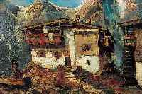 BRUCKMAIER, A., SüDDEUTSCHER KüNSTLER, MITTE 20. JH., GEHöFT IN DEN BERGEN, ÖL/MAL- KARTON, SIGN., 39 X 50 CM, PRUNKRAHMEN