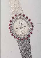 ZENITH DAMENSCHMUCKBANDUHR, SCHWEIZ UM 1970,NEUTR. WG 750/000-GEH. INCL. WG-BAND, LÜNETTE 2-REIHIG M. 20 8/8 DIAMANTEN ZUS. CA. 0,4 CT, 20 RUBINE ...