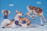 KONVOLUT VIER PORZELLANFIGUREN, 2 X KGL. KOPENHAGEN, MäDCHEN H. 13 CM, REH H. 13 CM, 2 X BING & GRONDAHL, VöGEL, H. CA. 6 BZW. 9 CM
