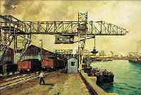 UNBEK. KüNSTLER 1. HäLFTE 20. JH., FRACHT- HAFEN, ÖL/LWD., UNLESERLICH SIGN., 60 X 80 CM,R.