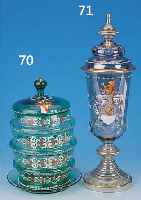 DECKELPOKAL, FRITZ HECKERT, UM 1900-1905, FARBLOSES GLAS, AUFGESETZTE NOPPEN, REICHE BUNTE EMAILMALEREI VON WAPPEN UND ...