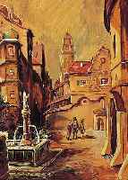 WEHNER, MITTE 20. JH., ABENDLICHE STRASSEN- SZENE IN DER ALTSTADT, ÖL/MALKARTON, SIGN., DAT. 1949, 32 X 23 CM, R.