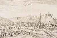 KUPFERSTICH VON M. MERIAN, 17. JH., GESAMTANSICHT DER STADT LANDSHUT, GEGLäTTETE BUGFALTE, CA. 24 X 36 CM, PP, U.GL., R.