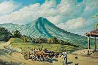 ZIG ZAG, *1937 FRANKREICH, INTERNATIONAL GE-SCHäTZTER NAIVER KüNSTLER, HIER: SüDLäNDISCHE LANDSCHAFT MIT BAUERN UND RINDERKARREN, ...