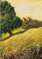 STAUFERT, A., DATIERT 1949, WIESENANDSCHAFT MIT LANDSCHLOß, ÖL/MALKARTON, RE. U. SIGN., CA. 42 X 43 CM, R.