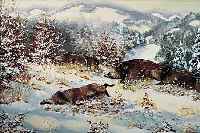 SCHöNGARTH, L., 50ER JAHRE, , WILDSCHWEINJAGD IM WINTER, ÖL/LWD, RE. U. SIGN., CA. 60 X 80 CM, R.