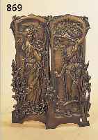 PAAR WANDAPPLIKEN, FRANKREICH, UM 1900, METALLGUSS, REICH RELIEFIERT MIT TYPISCHEN JUGENDSTILMOTIVEN, FRAUEN MIT BLUMEN, JE CA. 55 X 22 CM