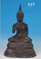BUDDHASKULPTUR, SOKOTHAI, UM 1600, FEINER BRONZEGUß, AUF DOPPELTEM LOTUS- SOCKEL SITZEND, H. CA. 24 CM