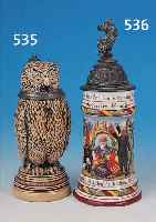 BIERKRUG IN FORM EINER EULE, REINHOLD MERKELBACH, UM 1910, STEINGUT, RELIEFIERT UND BUNT BEMALT, DECKEL MIT ...