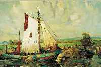 PRIEBE, RUDOLF, *1889 HAMBURG, MARINEMALER AKADEMIE BRESLAU, HIER: FISCHERBOOT AN KüSTE, ÖL/LWD., SIGNIERT, 60 X 80 CM, R.