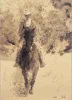 DILL, OTTO, 1884 NEUSTADT-1957 BAD DüRKHEIM, PFERD UND REITER TRETEN AUS DEM WALD, LA- VIERTE UND AQUARELLIERTE TUSCHFEDERZEICHNUNG, RE. U. ...