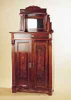 VERTIKO, DEUTSCH, UM 1905, MAHAGONIFURNIER MIT INTARSIEN UND PERLMUTTEINLAGEN, AUFSATZ MIT SPIEGEL, GEBRAUCHSSPUREN, M: 195X97X47 ...