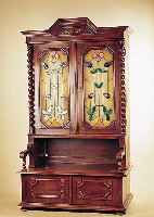 BüCHERSCHRANK, DEUTSCH, UM 1900, 2-TEILIG, EICHE, 2 GEDREHTE VOLLSäULEN, 2-TüRIG MIT FLORALER BLEIVERGLASUNG (Z.T. GESPRUNGEN), ...