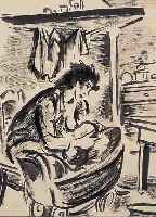 MASEREEL, FRANS, 1889-1972, MUTTER MIT KIND IN DER WIEGE, TUSCHPINSEL- ZEICHNUNG, MONOGRAMMIERT UND DAT. 1944, CA. 25,5 X ...
