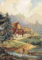 FECHTER, EMERICH, 1854 FRIEDBERG/BöHMEN-1912 WIEN, BAUERNGEHöFT IN DEN BERGEN, AQUARELL/ PAPIER, LI. U. MONOGR. UND DAT. 76, CA. 19 X 15 CM, PP, ...