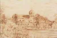 SPIRO, EUGEN, 1874-1972, DORFANSICHT MIT GäRTEN UND KIRCHE, SEPIA- ZEICHNUNG, RE. U. SIGN. UND DATIERT 21, CA. 23,5 X ...
