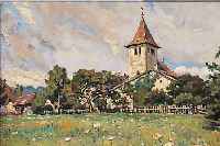 HéBERT, CHARLES, GEB. 1885 GENF, WAR ANSäSSIG IN PARIS, LANDSCHAFT MIT BLüENDER WIESE UND DORFKIRCHE, ÖL/LWD, LI. U. SIGN., CA. 33,5 X 40 CM, R.