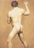 MAYER, CHARLES FRANCOIS, GESTORBEN 1840, STEHENDER MäNNLICHER RüCKENAKT, BLEISTIFT AUF PAPIER, WEIß GEHöHT, CA. 58 X 40 CM, RE. U. ...