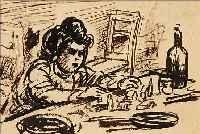 MASEREEL, FRANS, 1889-1972, KIND AM TISCH SPIELEND, TUSCHPINSELZEICHNUNG, ENTWURF ZU EINER ILLUSTRATION, AUS DER SAMMLUNG ...