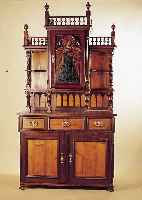 AUFSATZBUFFET, DEUTSCH, UM 1900, EICHE UND WEICHHOLZ, HISTORIZISTISCHER STIL, MITTEL- TüR BEMALT, ...
