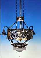 DECKENLAMPE, DEUTSCH, WOHL DARMSTADT, UM 1905, MESSINGBLECH GEPRäGT, VIER BRENNSTELLEN, STILTYP. DEKOR, ...