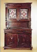 AUFSATZBUFFET, FRANKREICH, UM 1880-90, EICHE MASSIV UND FURNIERT, OBERE TüREN MIT BUNTER BLEIVERGLASUNG, CA. 219 X 140 X 52 CM