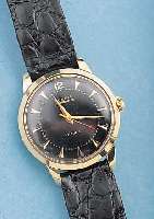 JORINA HERRENARMBANDUHR CHRONOMETER, REF.- NR. 2541, SCHWEIZ UM 1958, EDELST., STARKE GG-SCHULTERN, GG-LüNETTE, 17 ST., HANDAUFZUG, KAL. ETA ...