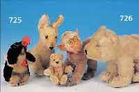 VIER STEIFF-TIERE, 50-60ER JAHRE, H. 8-16 CM, AFFE, FUCHS, BäR, KL. BäR, BESPIELT