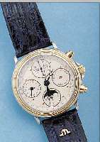 MAURICE LACROIX ARMBANDCHRONOGRAPH AUTOMATIK/ VOLLKALENDER, REF.-NR. 02336/112, SCHWEIZ UM1995, EDELST. MATT., BODEN U. KRONE GESCHR., BOMB. ...