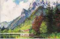 KLINGER-FRANKEN, WILL, VORALPENLANDSCHAFT MIT SEE, ÖL/HARTFASER, RE. U. SIGN., CA. 32 X 40 CM, R.
