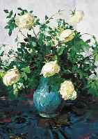 LUNEV, N.N., MALER DER MOSKAUER SCHULE, STILLEBEN MIT WEIßEN ROSEN IN BLAUER VASE, ÖL/LWD, LI. U. SIGN., CA. 60 X 50 CM, R.