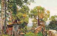 WASIN, W.A., MALER DER MOSKAUER SCHULE, VOR DEM HOLZSCHUPPEN, ÖL/MALKARTON, UNSIGN., CA. 35 X 50 CM, R.