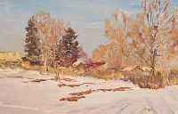GUCEW, C.M., MALER DER MOSKAUER SCHULE, WINTERLANDSCHAFT MIT DORFANSICHT, ÖL/MALKAR- TON, RE. U. SIGN., CA. 40 X 50 CM, R.
