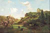 JAPY, LOUIS-AIMé, 1840 BERNE-1916 PARIS, SCHüLER VON COROT, HIER: LANDSCHAFT MIT BLüHENDEN BäUMEN UND PERSONEN AUF DER WIESE, ÖL/LWD, ...