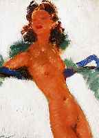 DOMERGUE, JEAN-GABRIEL, 1889-1962, , LA VAMP AUX CHEVEAUX NOIRS, ÖL/HOLZ, LI. U. SIGN., CA. 24 X 18,5 CM, R.