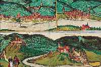 ALTKOLOR. KUPFERSTICHE AUS BR. U. HOGENBERG, CA. 1590, MIT 4 ANSICHTEN AUF EINEM BLATT, ZELL AN DER MOSEL, BERNKASTEL AN DER MOSEL, SOWIE OBER- ...