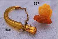 2 PARFUMFLAKONS, DEUTSCH UM 1870/80, 1X OPALINGLAS MIT BUNTEM MILLEFIORI, GOLDGE- HöHT, ORIG.METALLVERSCHLUß MIT RING UND GLAS- STöPSEL, ...