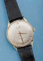 LONGINES HERRENARMBANDUHR AUTOMATIK, SCHWEIZ/USA UM 1950, GG 585/000, BODEN GEDR., KRONE ERS., BLATT REST., KL. SEK. TEILVERT., ...