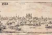 KUPFERSTICH VON M. MERIAN, UM 1650, GESAMTANSICHT SPEYER, VOM RHEIN AUS GESEHEN, GEGELäTTETER MITTELBUG, CA. 17 X 34 CM, PP, U.GL., R.