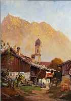 MAURUS, HANS, 1901 MüNCHEN-GEFALLEN 1942, ÖL/MALKARTON, CA. 50 X 40 CM, R., DORFANSICHT MIT KIRCHE VOR HOCHGEBIRGSKULISSE