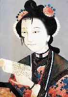 HINTERGLASMALEREI, CHINA, UM 1850, FRAU MIT SCHRIFTROLLE, WASSERSCHADEN, CA. 49 X 34 CM