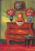 KLINGSBöGL, RUDOLF, 1881 WIEN-1943, INTERIEUR MIT KOMMODE, UHR, HOCKER UND BLUMEN,ÖL/HOLZ, RE. O. SIGN., CA. 16 X 13 CM, U.GL., R.
