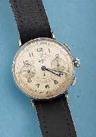 HUGEX ARMBANDCHRONOGRAPH, REF.-NR. 43201, SCHWEIZ UM 1940, METALL VERCHR., EDELST.- BODEN U. GLASR. GEDR., ORIG.-BLATT FL., 30- ...
