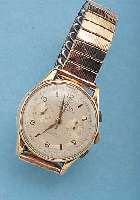 ZORESA ARMBANDCHRONOGRAPH, SCHWEIZ UM 1952, RG 750/000, BODEN GEDR., ORIG.-BLATT FL., 30- MIN.-STOPPZäHLER, 17 ST., HANDAUFZUGKAL. LAN- DERON 51, ...