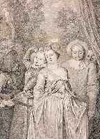 WATTEAU, ANTOINE, 1684-1721, DARSTELLUNG EINER GAUKLERTRUPPE, KUPFERSTICH DES KüNSTLERS SELBST, UM 1700 UNTER HILFE VON ...