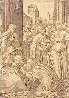 VAN LEYDEN, LUCAS, KUPFERSTICH, UM 1520, DIE HL. DREI KöNIGE HULDIGEN DEM CHRISTUSKIND,CA. 15 X 10,5 CM, BESCHNITTEN